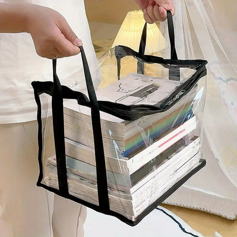 Cutie de Depozitare, selexmo, din PVC + Textil, Rezistenta la Apa, Geanta pentru Carti, 38x24x32 cm, Transparent-Negru