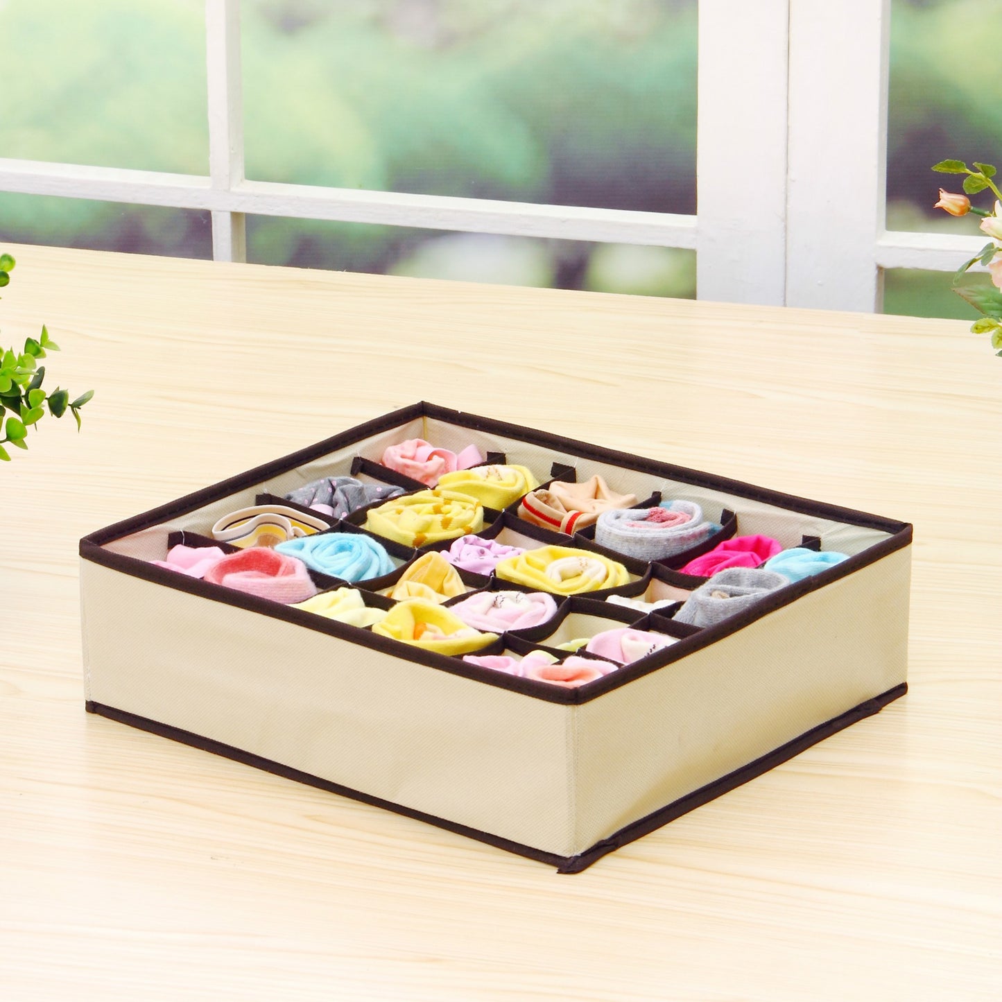 Cutie De Depozitare, selexmo, Pentru Lenjerie, Sosete Si Sutiene, Material Textil, 24 Compartimente, 32 x 32 x 10 cm, Culoare Bej