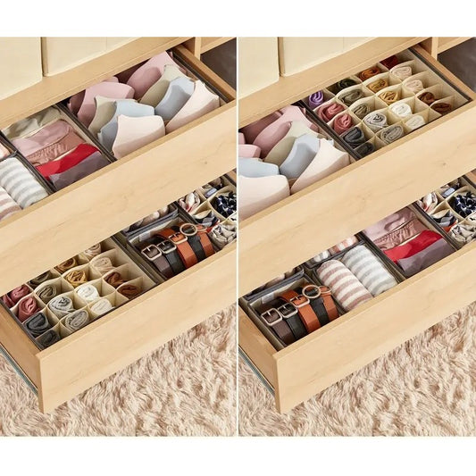 Cutie De Depozitare, selexmo, Pentru Lenjerie, Sosete Si Sutiene, Material Textil, 7 Compartimente, 32 x 32 x 10 cm, Culoare Bej