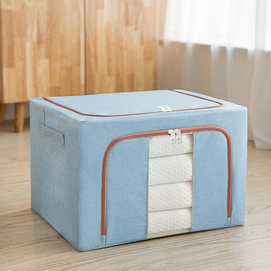 Cutie de Depozitare Pliabila, selexmo, 100 L, din Bumbac si In, 60x42x40 cm, 2 Ferestre, Frontala si Laterala, 2 Usi de Acces cu Fermoar Bidirectional, Cadru Metalic, Suport Baza Stabil din Plastic, Bleu
