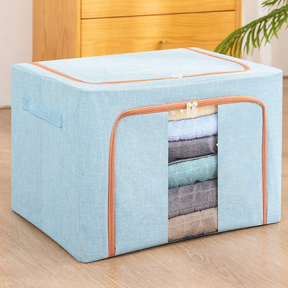 Cutie de Depozitare Pliabila, selexmo, 100 L, din Bumbac si In, 60x42x40 cm, 2 Ferestre, Frontala si Laterala, 2 Usi de Acces cu Fermoar Bidirectional, Cadru Metalic, Suport Baza Stabil din Plastic, Bleu