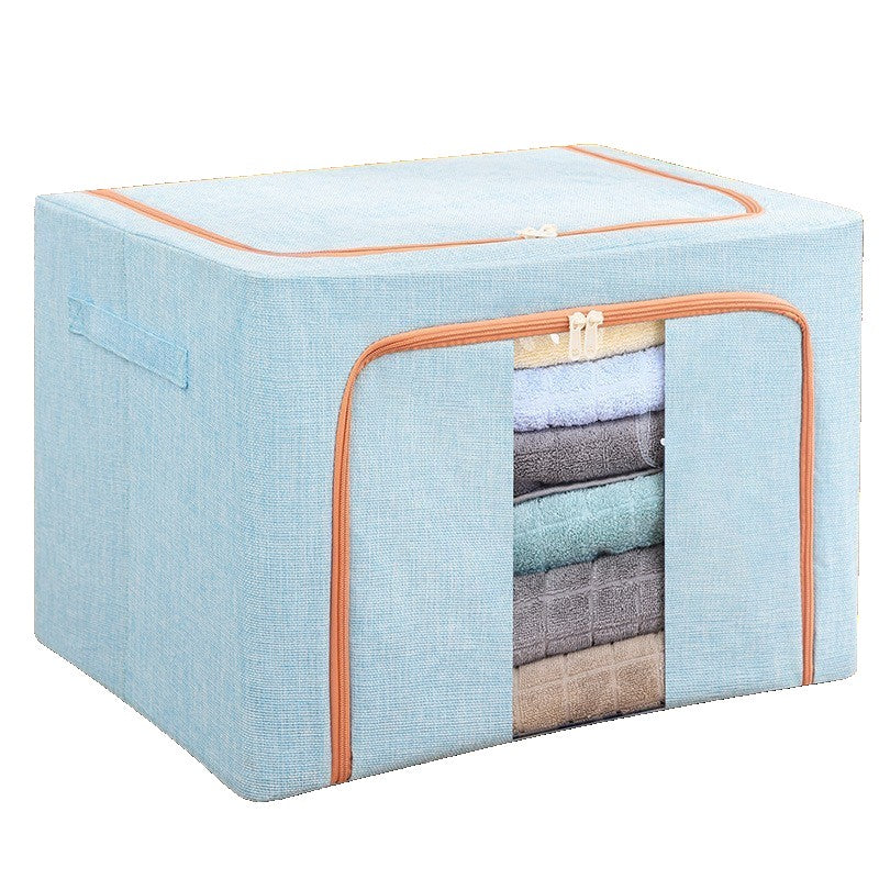 Cutie de Depozitare Pliabila, selexmo, 100 L, din Bumbac si In, 60x42x40 cm, 2 Ferestre, Frontala si Laterala, 2 Usi de Acces cu Fermoar Bidirectional, Cadru Metalic, Suport Baza Stabil din Plastic, Bleu