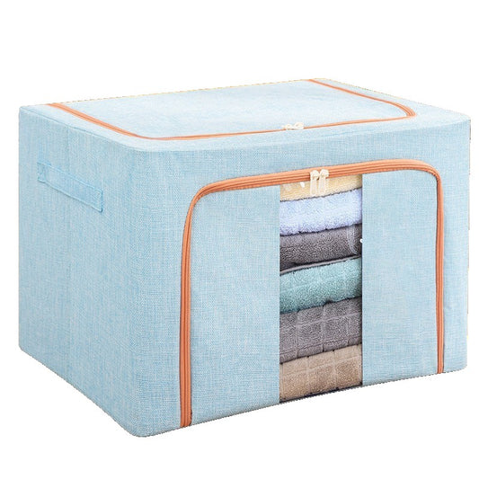 Cutie de Depozitare Pliabila, selexmo, 100 L, din Bumbac si In, 60x42x40 cm, 2 Ferestre, Frontala si Laterala, 2 Usi de Acces cu Fermoar Bidirectional, Cadru Metalic, Suport Baza Stabil din Plastic, Bleu