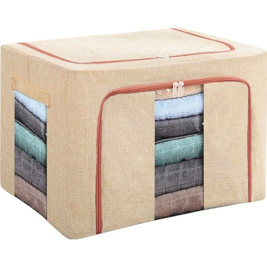 Cutie de Depozitare Pliabila, selexmo, 66 L, din Bumbac si In, 33x40x50 cm, 2 Ferestre, Frontala si Laterala, 2 Usi de Acces cu Fermoar Bidirectional, Cadru Metalic, Suport Baza Stabil din Plastic, Roz Pudrat