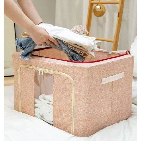Cutie de Depozitare Pliabila, selexmo, 100 L, din Bumbac si In, 60x42x40 cm, Fereastra Frontala, 2 Usi de Acces cu Fermoar Bidirectional, Cadru Metalic, Suport Baza Stabil din Plastic, Roz Pudrat