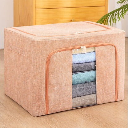 Cutie de Depozitare Pliabila, selexmo, 100 L, din Bumbac si In, 60x42x40 cm, Fereastra Frontala, 2 Usi de Acces cu Fermoar Bidirectional, Cadru Metalic, Suport Baza Stabil din Plastic, Roz Pudrat