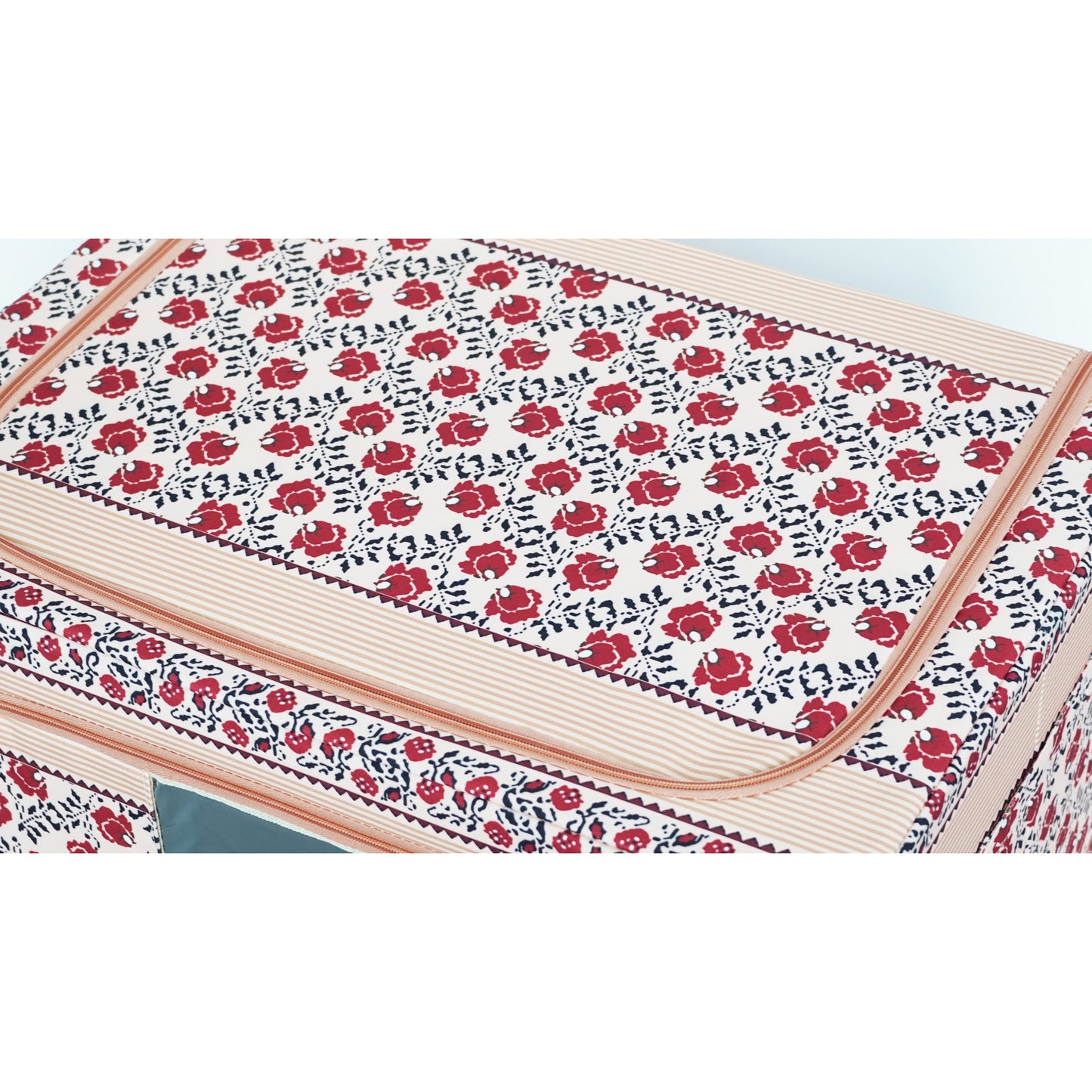 Cutie de Depozitare Pliabila, selexmo,100 L din Bumbac si In, 60X42X40 cm, Fereastra Frontala, 2 Usi de Acces cu Fermoar Bidirectional, Cadru Metalic, Suport Baza Stabil din Plastic, Motiv Traditional Model 4