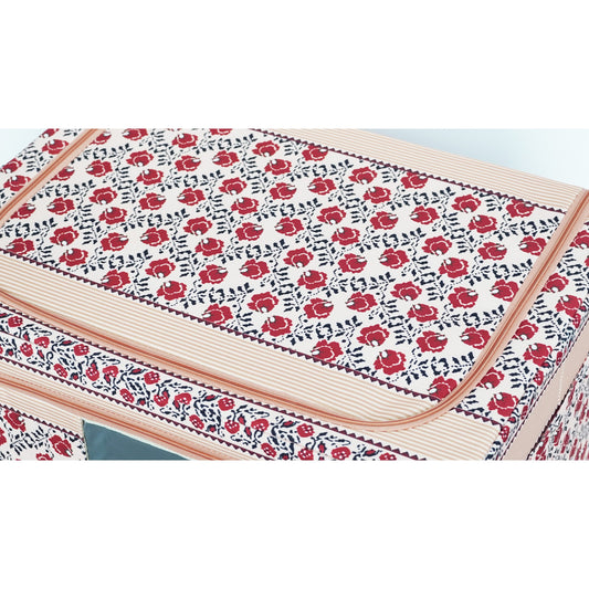 Cutie de Depozitare Pliabila, selexmo,100 L din Bumbac si In, 60X42X40 cm, Fereastra Frontala, 2 Usi de Acces cu Fermoar Bidirectional, Cadru Metalic, Suport Baza Stabil din Plastic, Motiv Traditional Model 4