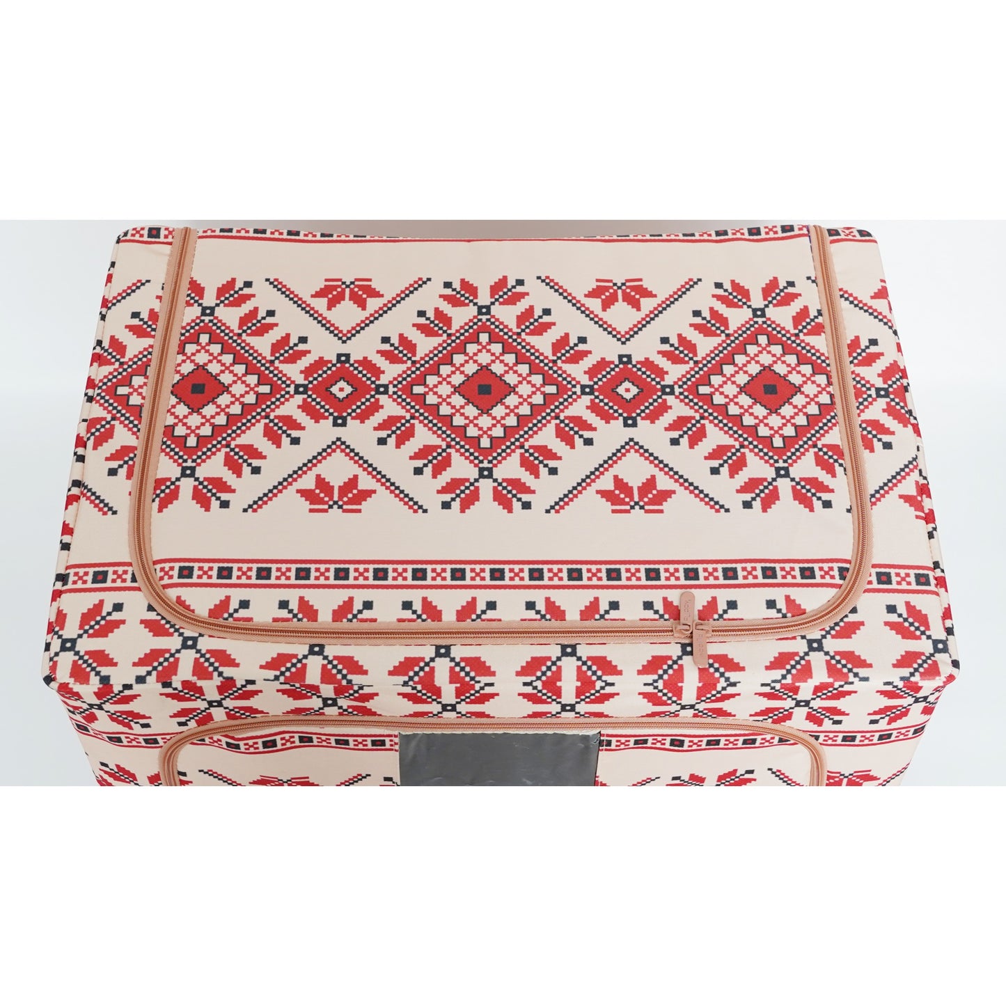 Cutie de Depozitare Pliabila, selexmo,100 L din Bumbac si In, 60X42X40 cm, Fereastra Frontala, 2 Usi de Acces cu Fermoar Bidirectional, Cadru Metalic, Suport Baza Stabil din Plastic, Motiv Traditional Model 2