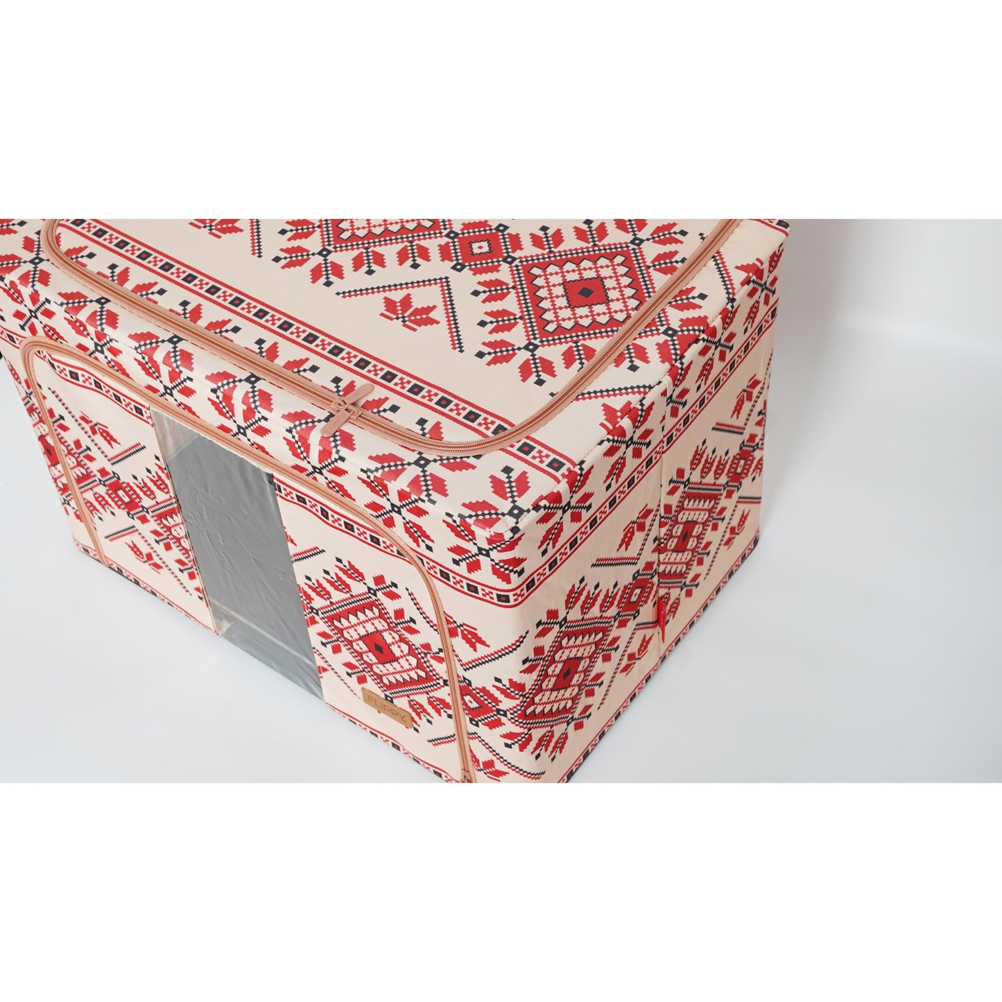 Cutie de Depozitare Pliabila, selexmo,100 L din Bumbac si In, 60X42X40 cm, Fereastra Frontala, 2 Usi de Acces cu Fermoar Bidirectional, Cadru Metalic, Suport Baza Stabil din Plastic, Motiv Traditional Model 2