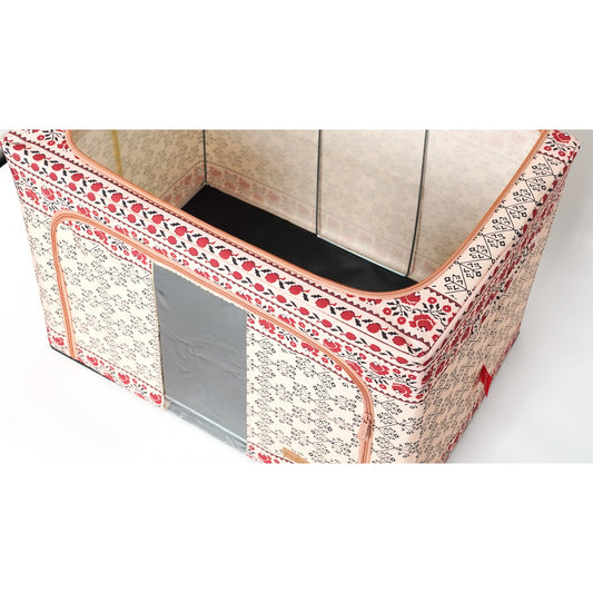 Cutie de Depozitare Pliabila, selexmo,100 L din Bumbac si In, 60X42X40 cm, Fereastra Frontala, 2 Usi de Acces cu Fermoar Bidirectional, Cadru Metalic, Suport Baza Stabil din Plastic, Motiv Traditional Model 3