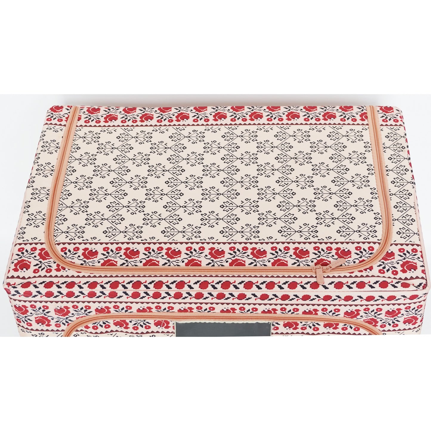 Cutie de Depozitare Pliabila, selexmo,100 L din Bumbac si In, 60X42X40 cm, Fereastra Frontala, 2 Usi de Acces cu Fermoar Bidirectional, Cadru Metalic, Suport Baza Stabil din Plastic, Motiv Traditional Model 3