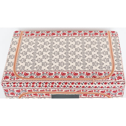 Cutie de Depozitare Pliabila, selexmo,100 L din Bumbac si In, 60X42X40 cm, Fereastra Frontala, 2 Usi de Acces cu Fermoar Bidirectional, Cadru Metalic, Suport Baza Stabil din Plastic, Motiv Traditional Model 3