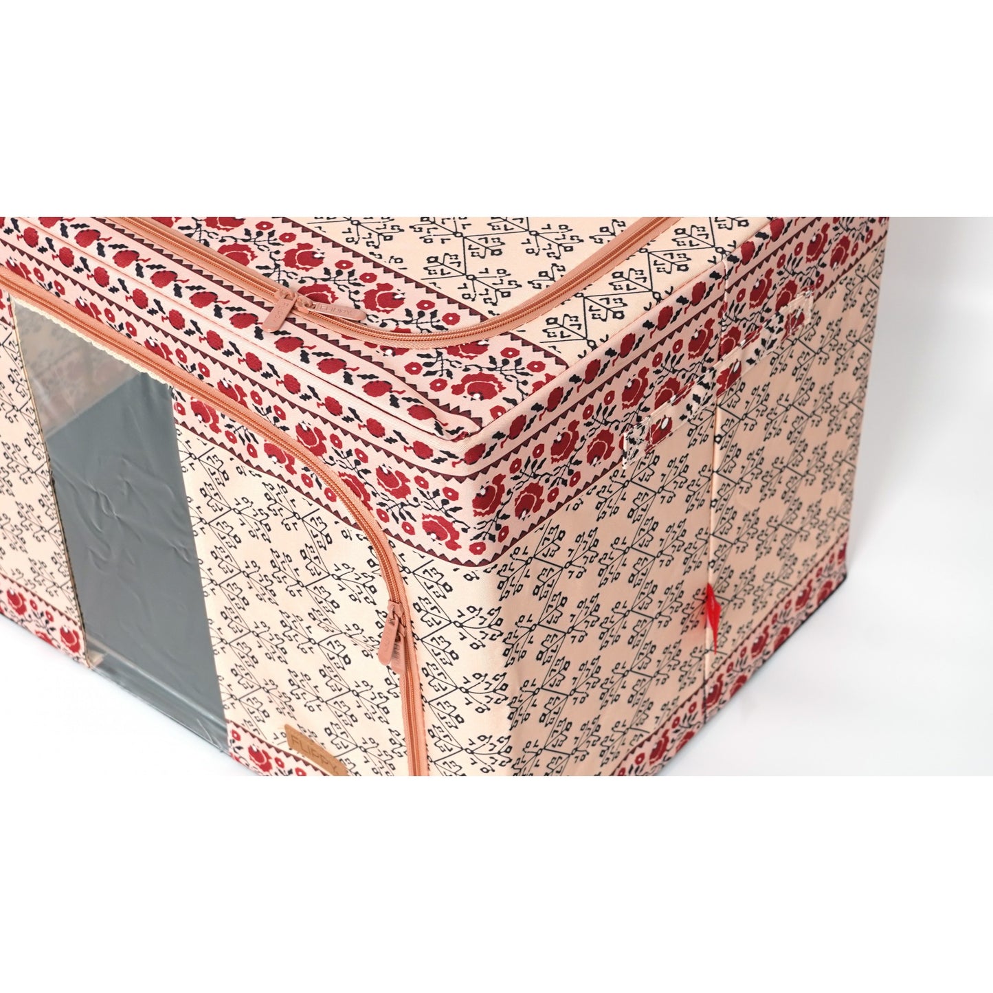 Cutie de Depozitare Pliabila, selexmo,100 L din Bumbac si In, 60X42X40 cm, Fereastra Frontala, 2 Usi de Acces cu Fermoar Bidirectional, Cadru Metalic, Suport Baza Stabil din Plastic, Motiv Traditional Model 3