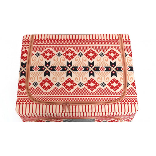 Cutie de Depozitare Pliabila, selexmo,100 L din Bumbac si In, 60X42X40 cm, Fereastra Frontala, 2 Usi de Acces cu Fermoar Bidirectional, Cadru Metalic, Suport Baza Stabil din Plastic, Motiv Traditional Model 1