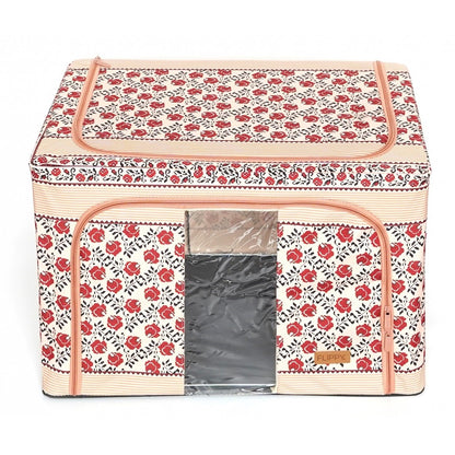 Cutie de Depozitare Pliabila, selexmo,100 L din Bumbac si In, 60X42X40 cm, Fereastra Frontala, 2 Usi de Acces cu Fermoar Bidirectional, Cadru Metalic, Suport Baza Stabil din Plastic, Motiv Traditional Model 4