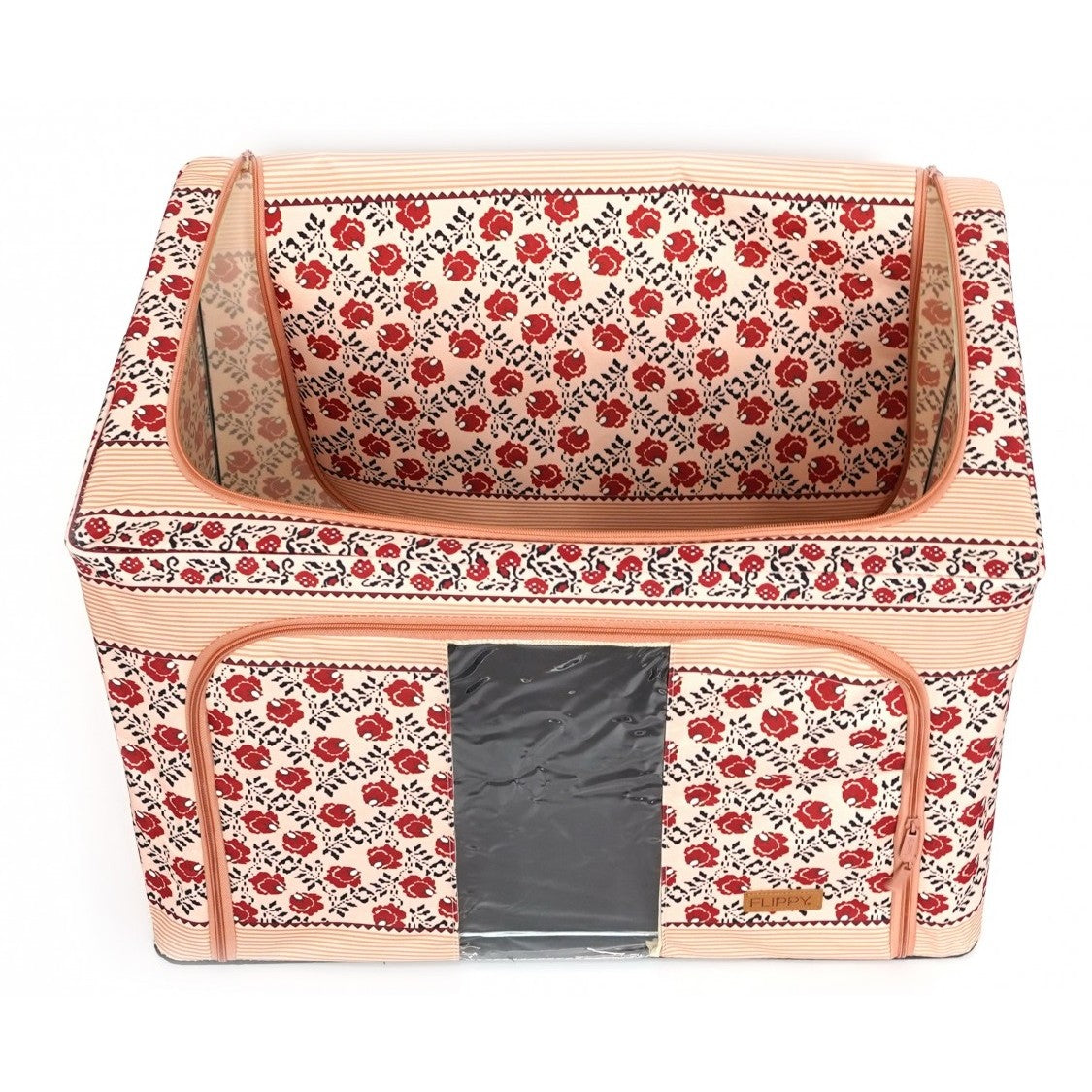 Cutie de Depozitare Pliabila, selexmo,100 L din Bumbac si In, 60X42X40 cm, Fereastra Frontala, 2 Usi de Acces cu Fermoar Bidirectional, Cadru Metalic, Suport Baza Stabil din Plastic, Motiv Traditional Model 4