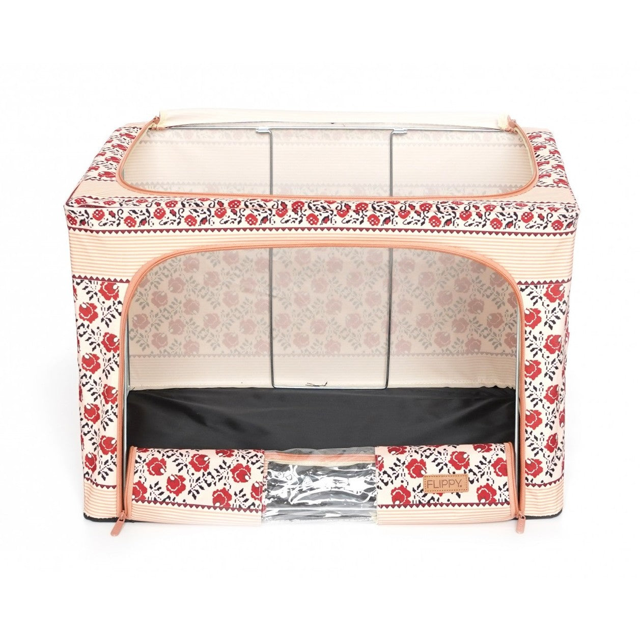 Cutie de Depozitare Pliabila, selexmo,100 L din Bumbac si In, 60X42X40 cm, Fereastra Frontala, 2 Usi de Acces cu Fermoar Bidirectional, Cadru Metalic, Suport Baza Stabil din Plastic, Motiv Traditional Model 4