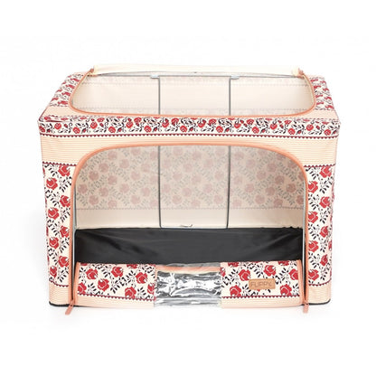 Cutie de Depozitare Pliabila, selexmo,100 L din Bumbac si In, 60X42X40 cm, Fereastra Frontala, 2 Usi de Acces cu Fermoar Bidirectional, Cadru Metalic, Suport Baza Stabil din Plastic, Motiv Traditional Model 4