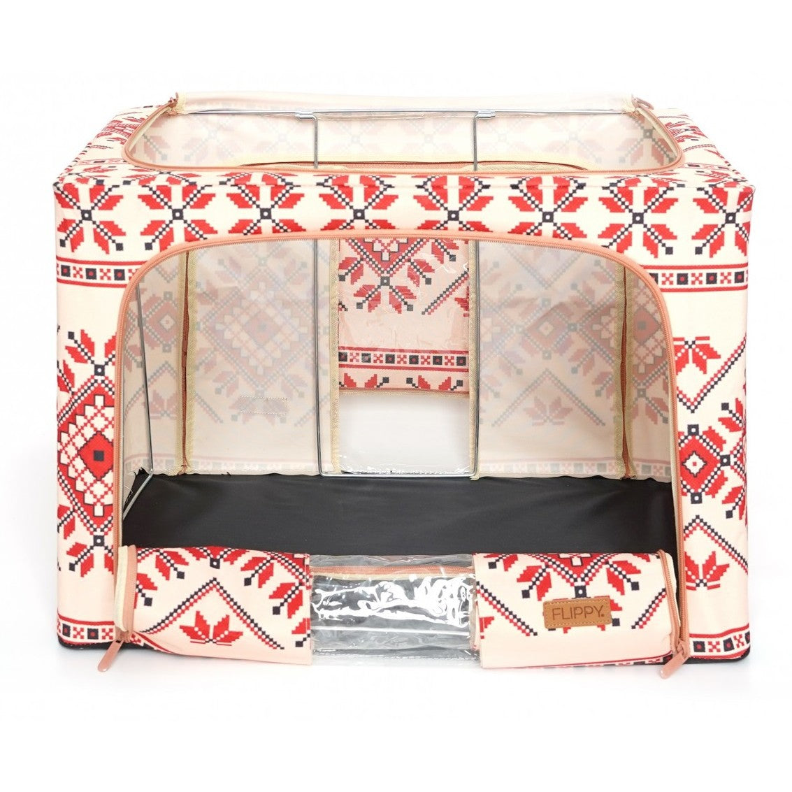Cutie de Depozitare Pliabila, selexmo,100 L din Bumbac si In, 60X42X40 cm, Fereastra Frontala, 2 Usi de Acces cu Fermoar Bidirectional, Cadru Metalic, Suport Baza Stabil din Plastic, Motiv Traditional Model 2