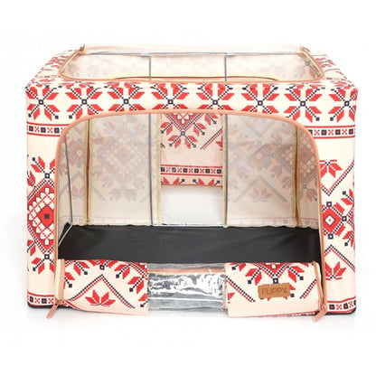 Cutie de Depozitare Pliabila, selexmo,100 L din Bumbac si In, 60X42X40 cm, Fereastra Frontala, 2 Usi de Acces cu Fermoar Bidirectional, Cadru Metalic, Suport Baza Stabil din Plastic, Motiv Traditional Model 2