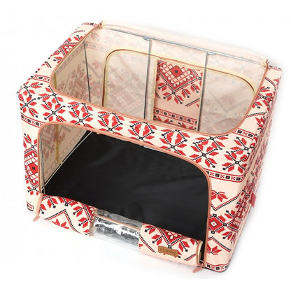 Cutie de Depozitare Pliabila, selexmo,100 L din Bumbac si In, 60X42X40 cm, Fereastra Frontala, 2 Usi de Acces cu Fermoar Bidirectional, Cadru Metalic, Suport Baza Stabil din Plastic, Motiv Traditional Model 2