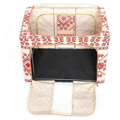Cutie de Depozitare Pliabila, selexmo,100 L din Bumbac si In, 60X42X40 cm, Fereastra Frontala, 2 Usi de Acces cu Fermoar Bidirectional, Cadru Metalic, Suport Baza Stabil din Plastic, Motiv Traditional Model 2