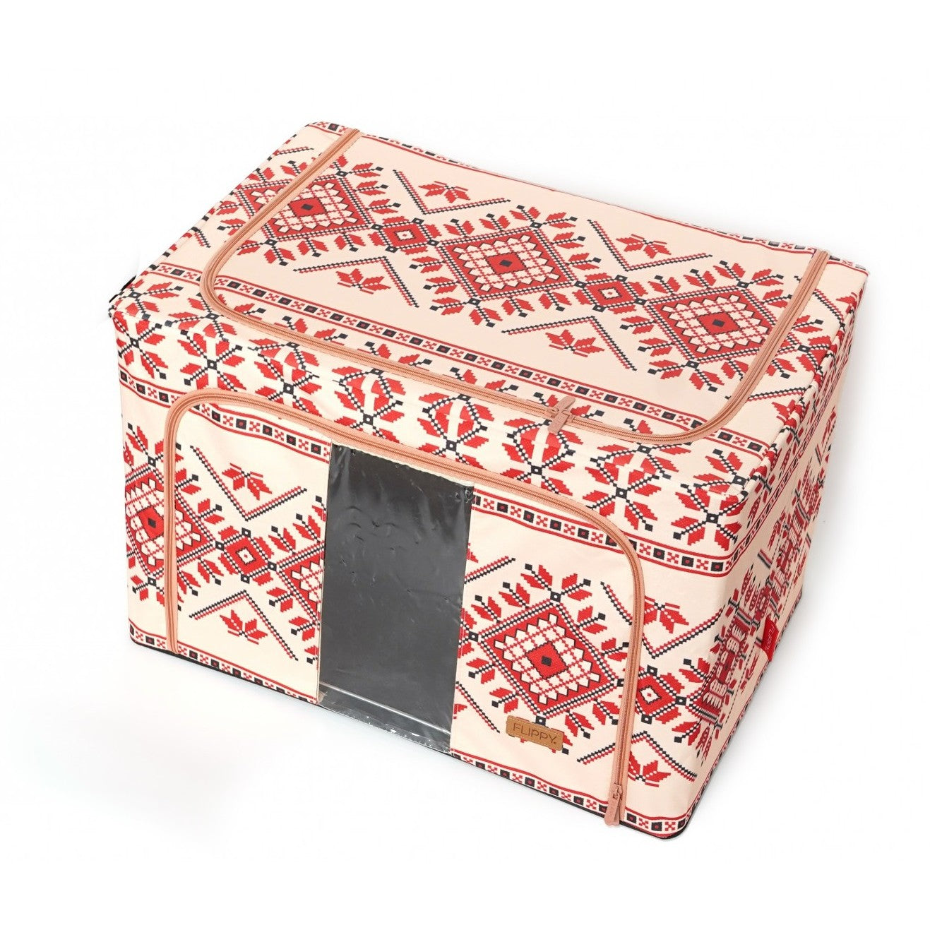 Cutie de Depozitare Pliabila, selexmo,100 L din Bumbac si In, 60X42X40 cm, Fereastra Frontala, 2 Usi de Acces cu Fermoar Bidirectional, Cadru Metalic, Suport Baza Stabil din Plastic, Motiv Traditional Model 2