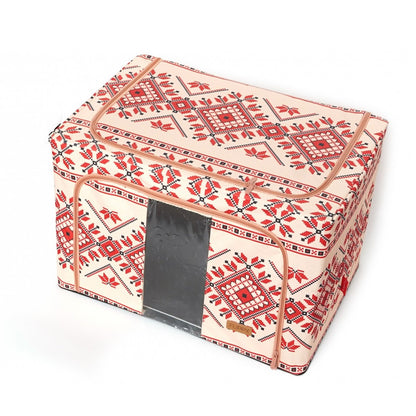 Cutie de Depozitare Pliabila, selexmo,100 L din Bumbac si In, 60X42X40 cm, Fereastra Frontala, 2 Usi de Acces cu Fermoar Bidirectional, Cadru Metalic, Suport Baza Stabil din Plastic, Motiv Traditional Model 2
