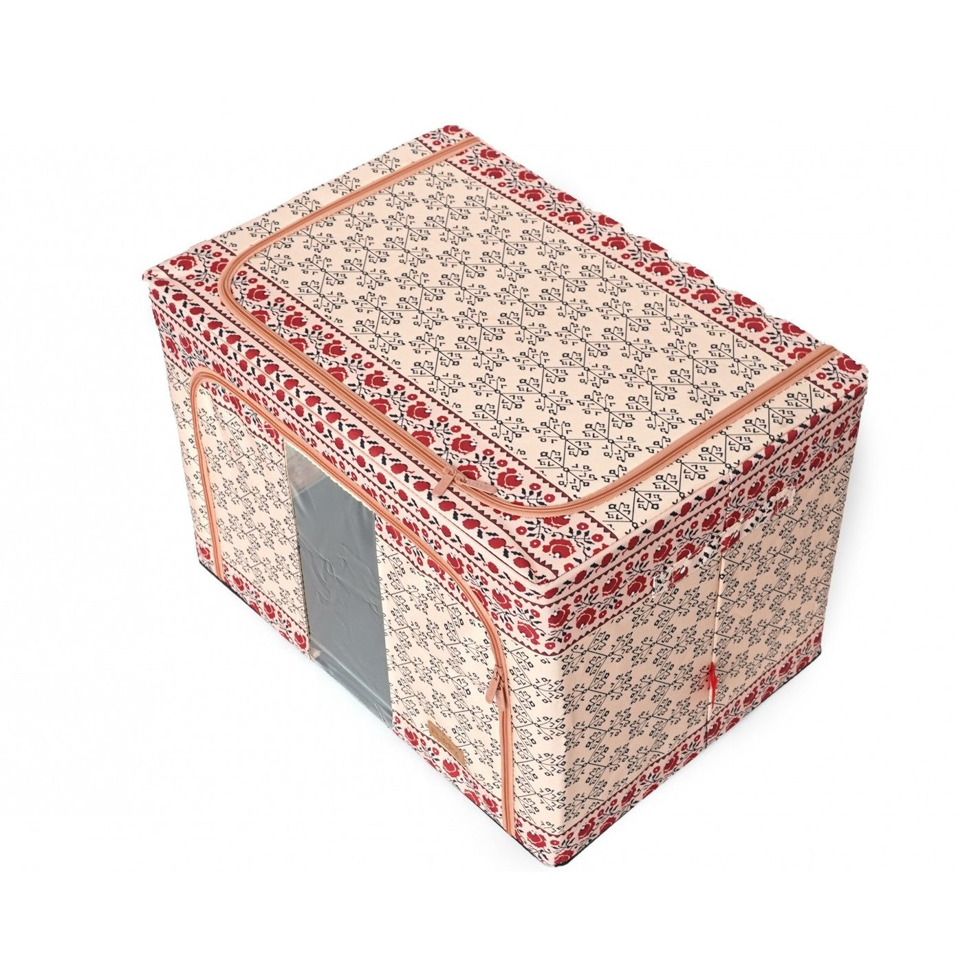 Cutie de Depozitare Pliabila, selexmo,100 L din Bumbac si In, 60X42X40 cm, Fereastra Frontala, 2 Usi de Acces cu Fermoar Bidirectional, Cadru Metalic, Suport Baza Stabil din Plastic, Motiv Traditional Model 3