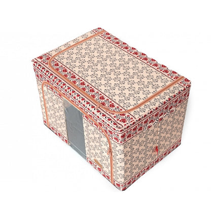 Cutie de Depozitare Pliabila, selexmo,100 L din Bumbac si In, 60X42X40 cm, Fereastra Frontala, 2 Usi de Acces cu Fermoar Bidirectional, Cadru Metalic, Suport Baza Stabil din Plastic, Motiv Traditional Model 3