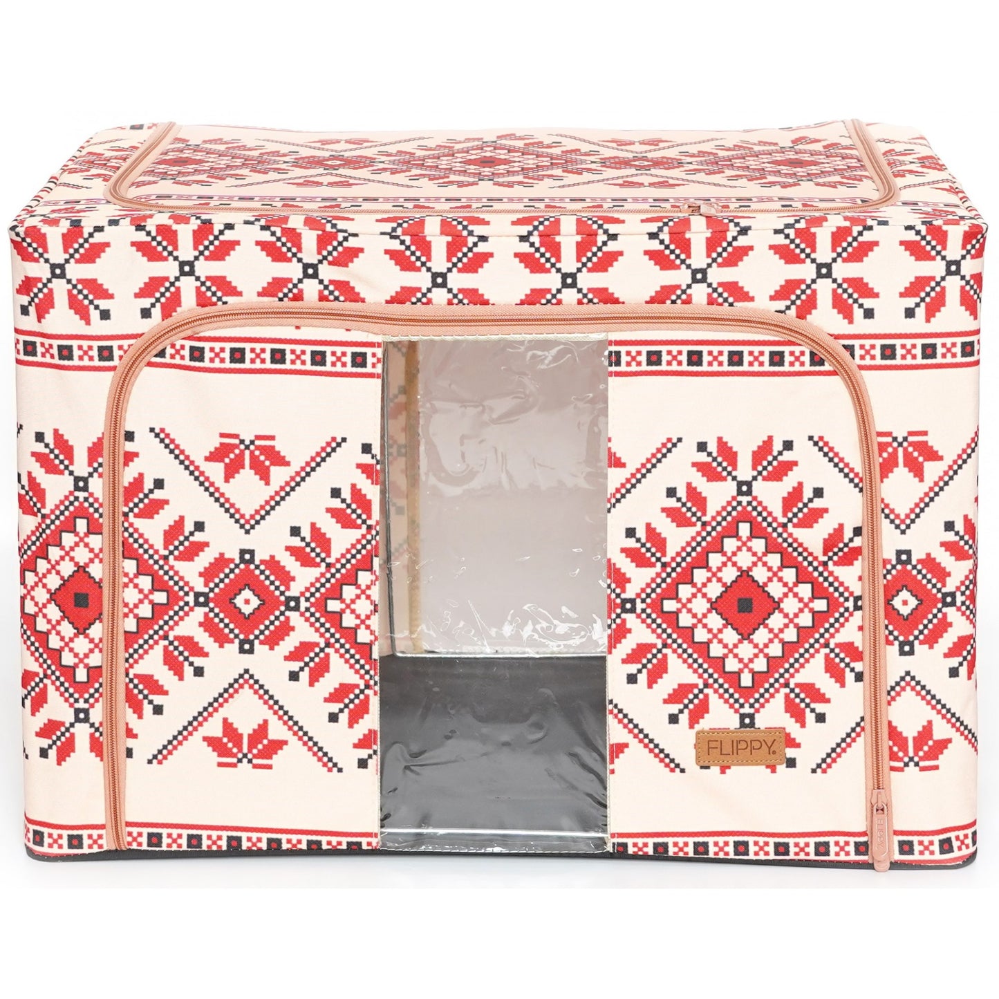 Cutie de Depozitare Pliabila, selexmo,100 L din Bumbac si In, 60X42X40 cm, Fereastra Frontala, 2 Usi de Acces cu Fermoar Bidirectional, Cadru Metalic, Suport Baza Stabil din Plastic, Motiv Traditional Model 2
