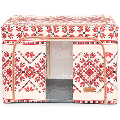 Cutie de Depozitare Pliabila, selexmo,100 L din Bumbac si In, 60X42X40 cm, Fereastra Frontala, 2 Usi de Acces cu Fermoar Bidirectional, Cadru Metalic, Suport Baza Stabil din Plastic, Motiv Traditional Model 2
