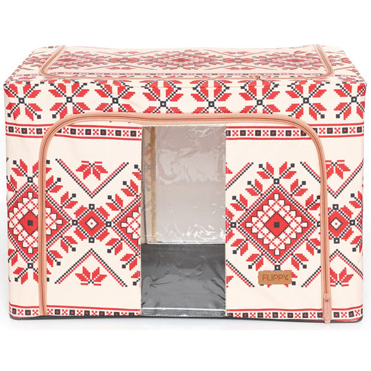 Cutie de Depozitare Pliabila, selexmo,100 L din Bumbac si In, 60X42X40 cm, Fereastra Frontala, 2 Usi de Acces cu Fermoar Bidirectional, Cadru Metalic, Suport Baza Stabil din Plastic, Motiv Traditional Model 2