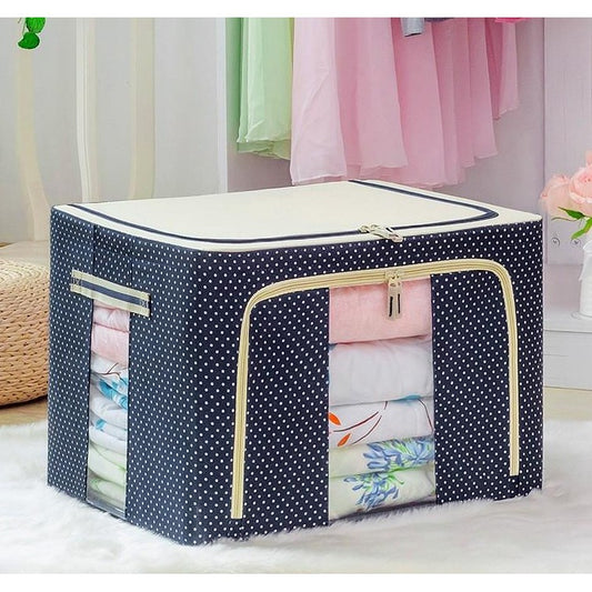 Cutie de Depozitare Pliabila, selexmo, 24 L, Panza Oxford, 40x30x20 cm, Fereastra Frontala, 2 Usi de Acces cu Fermoar Bidirectional, Cadru Metalic, Suport Baza Stabil din Plastic, Imprimeu buline, Albastru Marin