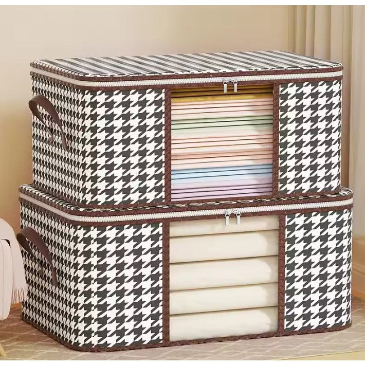 Cutie de Depozitare Pliabila, selexmo, 55x35x25 cm, 50 L, Fereastra Frontala, cu Fermoar Bidirectional, Suport Baza Stabil, Imprimeu in Carouri, Alb/Negru