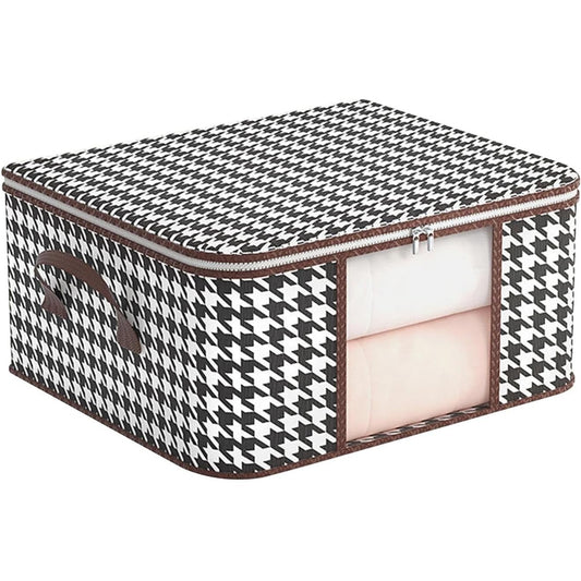 Cutie de Depozitare Pliabila, selexmo, 55x35x25 cm, 50 L, Fereastra Frontala, cu Fermoar Bidirectional, Suport Baza Stabil, Imprimeu in Carouri, Alb/Negru