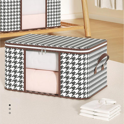 Cutie de Depozitare Pliabila, selexmo, 60x40x30 cm, 75 L, Fereastra Frontala, cu Fermoar Bidirectional, Suport Baza Stabil, Imprimeu in Carouri, Alb/Negru