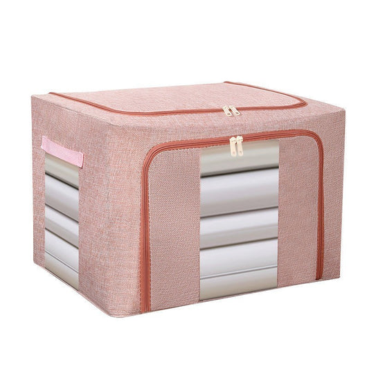 Cutie de Depozitare Pliabila, selexmo, 66 L, din Bumbac si In, 50x40x33 cm, 2 Ferestre, Frontala si Laterala, 2 Usi de Acces cu Fermoar Bidirectional, Cadru Metalic, Suport Baza Stabil din Plastic, Roz Pudrat