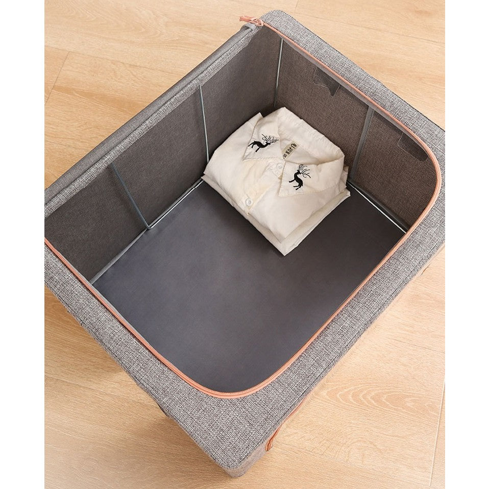 Cutie de Depozitare Pliabila, selexmo, 66 L, din Bumbac si In, 50x40x33 cm, Fereastra Frontala, 2 Usi de Acces cu Fermoar Bidirectional, Cadru Metalic, Suport Baza Stabil din Plastic, Gri
