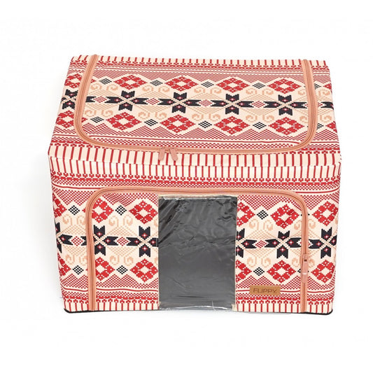 Cutie de Depozitare Pliabila, selexmo, 66 L din Bumbac si In, 52 x 42 x 39 cm, Fereastra Frontala, 2 Usi de Acces cu Fermoar Bidirectional, Cadru Metalic, Suport Baza Stabil din Plastic, Motiv Traditional Model 5