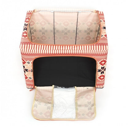 Cutie de Depozitare Pliabila, selexmo, 66 L din Bumbac si In, 52 x 42 x 39 cm, Fereastra Frontala, 2 Usi de Acces cu Fermoar Bidirectional, Cadru Metalic, Suport Baza Stabil din Plastic, Motiv Traditional Model 5