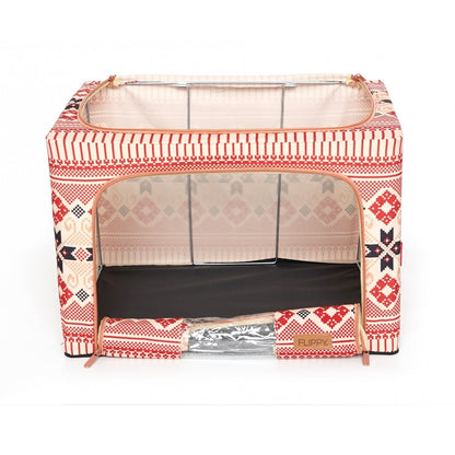 Cutie de Depozitare Pliabila, selexmo, 66 L din Bumbac si In, 52 x 42 x 39 cm, Fereastra Frontala, 2 Usi de Acces cu Fermoar Bidirectional, Cadru Metalic, Suport Baza Stabil din Plastic, Motiv Traditional Model 5