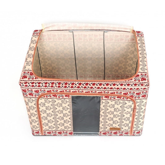 Cutie de Depozitare Pliabila, selexmo, 66 L din Bumbac si In, 52 x 42 x 39 cm, Fereastra Frontala, 2 Usi de Acces cu Fermoar Bidirectional, Cadru Metalic, Suport Baza Stabil din Plastic, Motiv Traditional Model 6