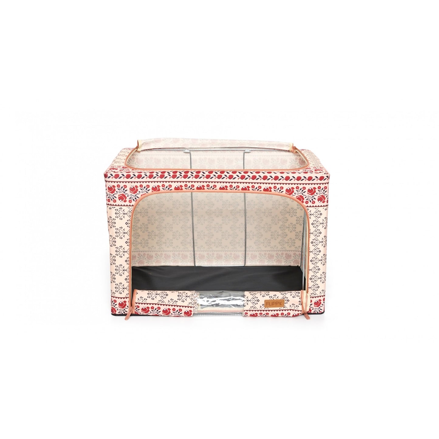 Cutie de Depozitare Pliabila, selexmo, 66 L din Bumbac si In, 52 x 42 x 39 cm, Fereastra Frontala, 2 Usi de Acces cu Fermoar Bidirectional, Cadru Metalic, Suport Baza Stabil din Plastic, Motiv Traditional Model 6