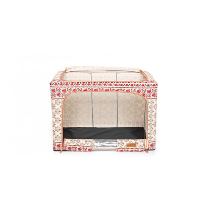 Cutie de Depozitare Pliabila, selexmo, 66 L din Bumbac si In, 52 x 42 x 39 cm, Fereastra Frontala, 2 Usi de Acces cu Fermoar Bidirectional, Cadru Metalic, Suport Baza Stabil din Plastic, Motiv Traditional Model 6