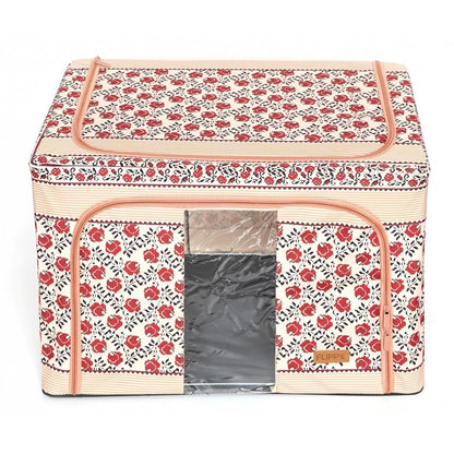 Cutie de Depozitare Pliabila, selexmo, 66 L din Bumbac si In, 52 x 42 x 39 cm, Fereastra Frontala, 2 Usi de Acces cu Fermoar Bidirectional, Cadru Metalic, Suport Baza Stabil din Plastic, Motiv Traditional Model 7