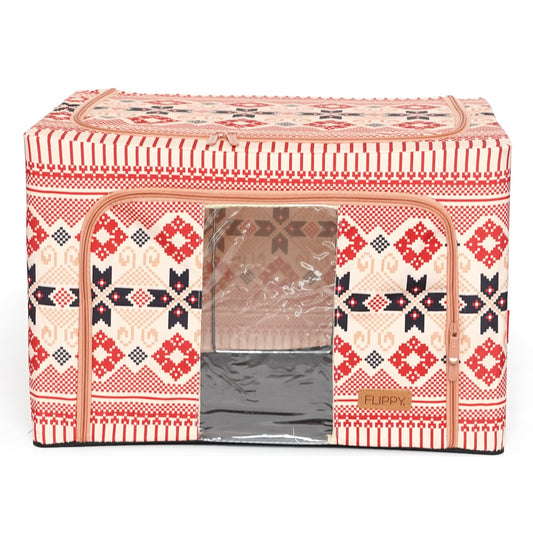Cutie de Depozitare Pliabila, selexmo, 66 L din Bumbac si In, 52 x 42 x 39 cm, Fereastra Frontala, 2 Usi de Acces cu Fermoar Bidirectional, Cadru Metalic, Suport Baza Stabil din Plastic, Motiv Traditional Model 5