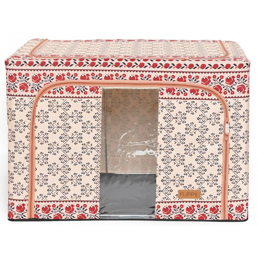 Cutie de Depozitare Pliabila, selexmo, 66 L din Bumbac si In, 52 x 42 x 39 cm, Fereastra Frontala, 2 Usi de Acces cu Fermoar Bidirectional, Cadru Metalic, Suport Baza Stabil din Plastic, Motiv Traditional Model 6