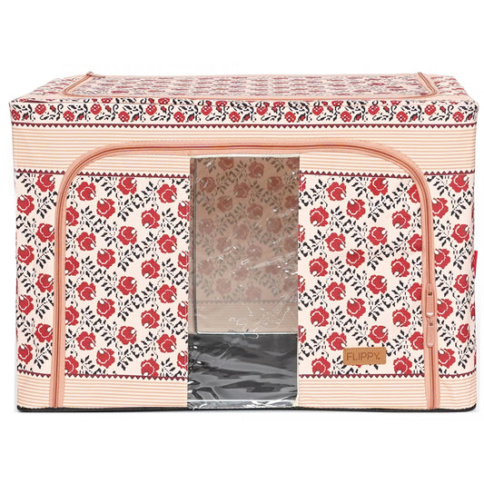 Cutie de Depozitare Pliabila, selexmo, 66 L din Bumbac si In, 52 x 42 x 39 cm, Fereastra Frontala, 2 Usi de Acces cu Fermoar Bidirectional, Cadru Metalic, Suport Baza Stabil din Plastic, Motiv Traditional Model 7